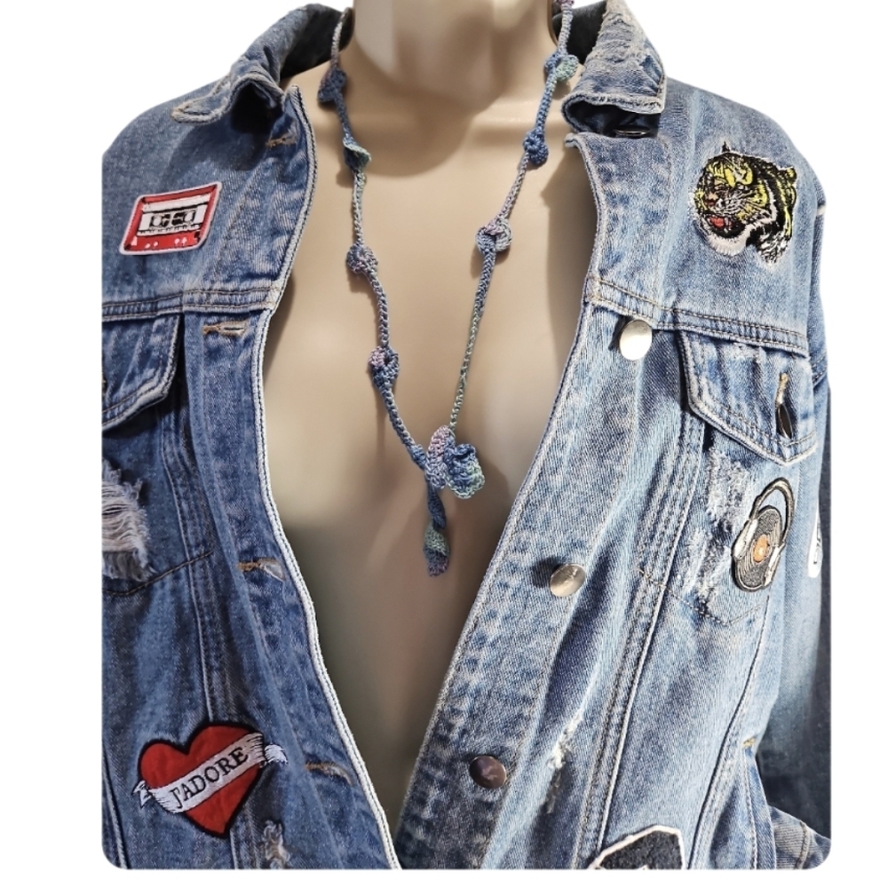 Hand Crafted Upcycled Rock Music Jean Jacket Vintage Embordery Patchwork Size S - Picture 6 of 17